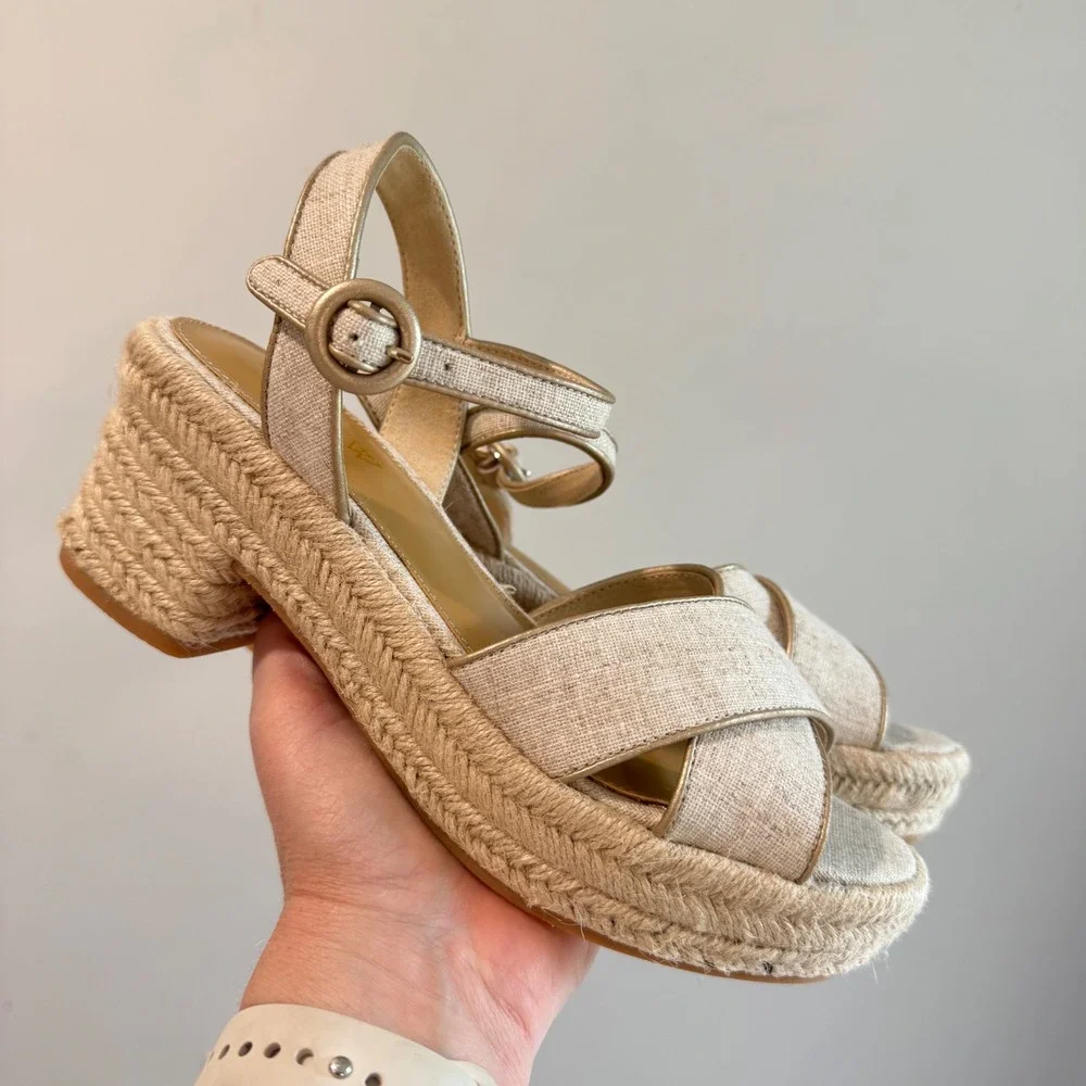 J.Crew Espadrille Block Heel Sandals Beige Gold Linen BW888 Womens 6